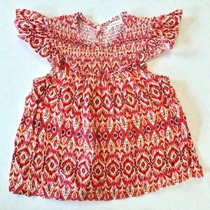 Rose + Olive Size L Smocked Top Cap Sleeve Ruffle Ikat Print Red Rust Orange